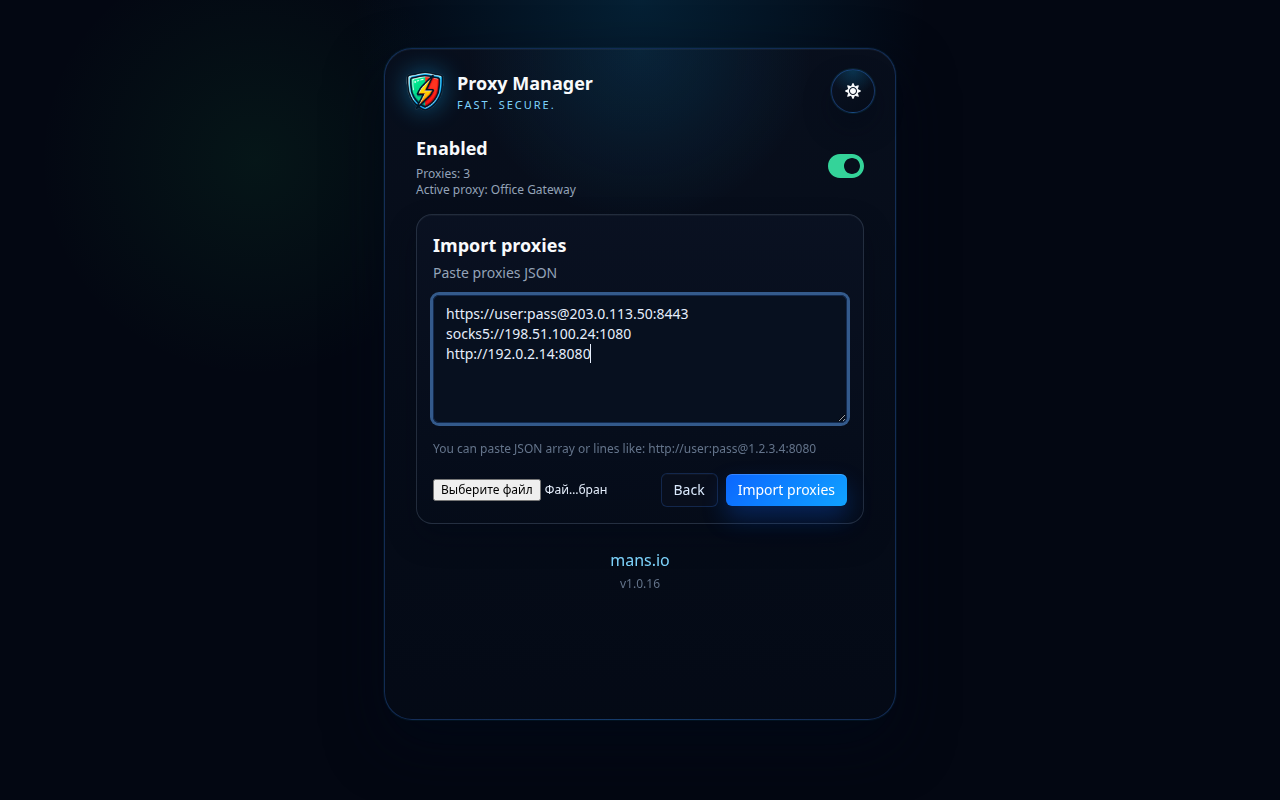 Écran d'importation de Proxy Manager
