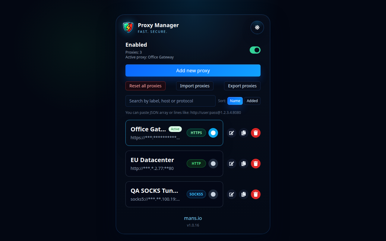 Liste des profils du gestionnaire de proxy