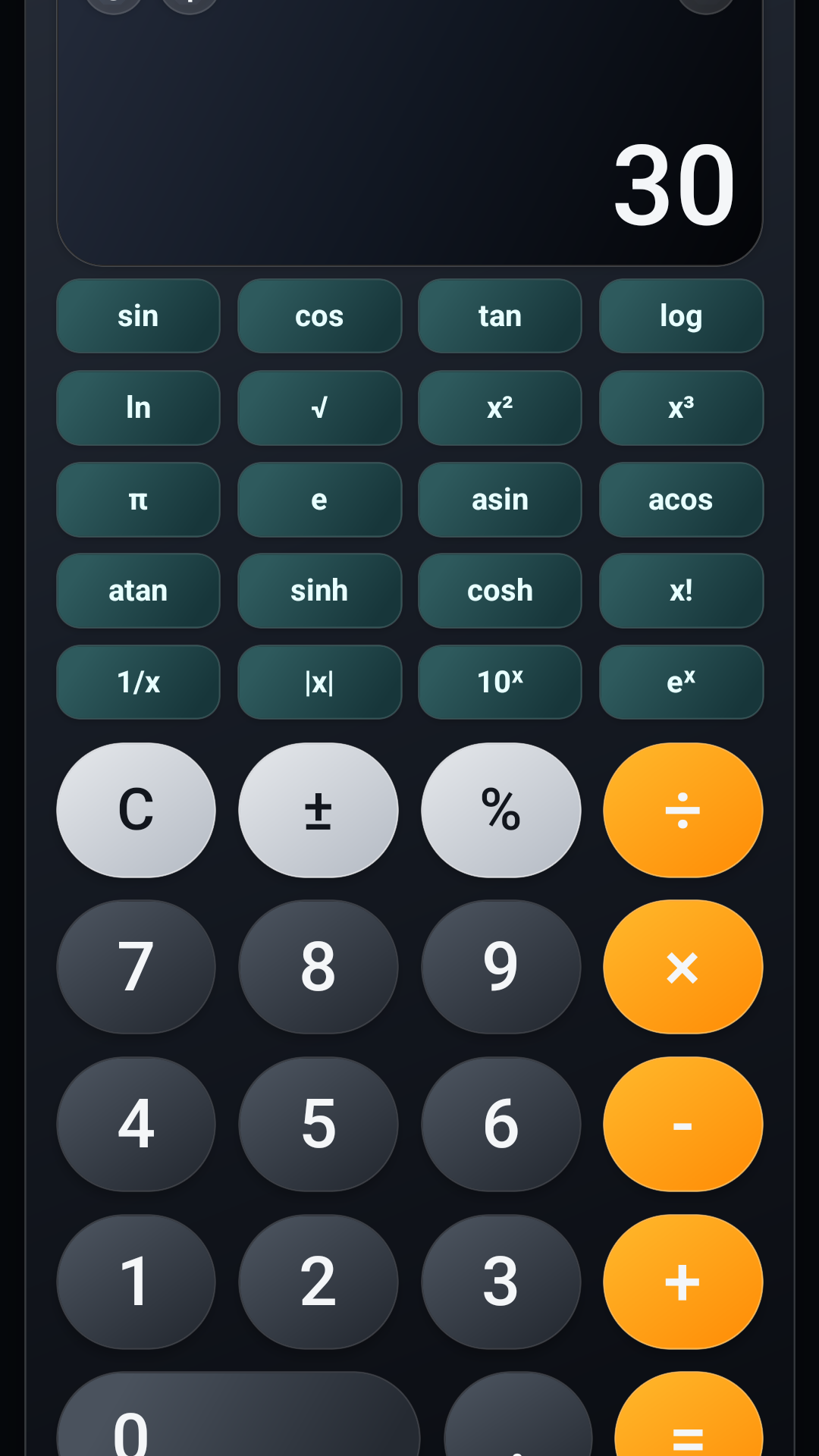 Écran du mode scientifique de la calculatrice